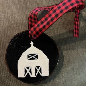 Black and White Barn Ornament with Red Plaid Ribbon